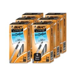 BIC Round Stic Grip Xtra Comfort Ballpoint Pen, Medium 1 Mm, Black Ink, Gray/Black, 24/Box, 6 Boxes/Pack