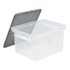 Storex Portable File Tote With Locking Handles, Letter/Legal Files, 18.5" X 14.25" X 10.88", Clear/Silver