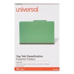 Universal Bright Colored Pressboard Classification Folders, 2" Expansion, 2 Dividers, 6 Fasteners, Legal Size, Emerald Green, 10/Box