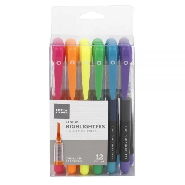 Liquid Ink Highlighters With Chisel Tips, Assorted Colors, Pack Of 12 3 Liquid Ink Highlighters With Chisel Tips, Assorted Colors, Pack Of 12