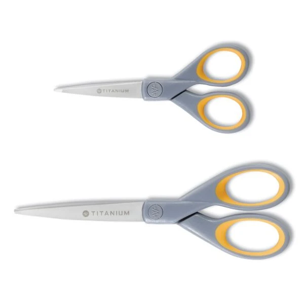 Westcott Titanium Bonded Scissors, 5" And 7" Long, 2.25" And 3.5" Cut Lengths, Gray/Yellow Straight Handles, 2/Pack 3 Westcott Titanium Bonded Scissors, 5" And 7" Long, 2.25" And 3.5" Cut Lengths, Gray/Yellow Straight Handles, 2/Pack