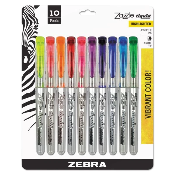 Zebra Zazzle Liquid Ink Highlighter, Assorted Ink Colors, Chisel Tip, Assorted Barrel Colors, 10/Set 3 Zebra Zazzle Liquid Ink Highlighter, Assorted Ink Colors, Chisel Tip, Assorted Barrel Colors, 10/Set