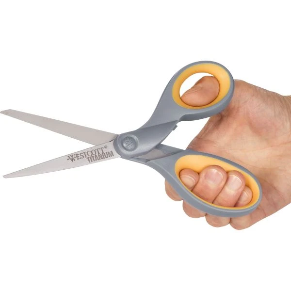 Westcott Titanium Bonded Scissors, 5" And 7" Long, 2.25" And 3.5" Cut Lengths, Gray/Yellow Straight Handles, 2/Pack 4 Westcott Titanium Bonded Scissors, 5" And 7" Long, 2.25" And 3.5" Cut Lengths, Gray/Yellow Straight Handles, 2/Pack - Image 2