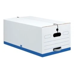 Quick Set Up Standard-Duty Storage Boxes With String & Button Closures And Built-In Handles, Legal Size, 24" X 15" X 10", 60% Recycled, White/Blue, Pack Of 12