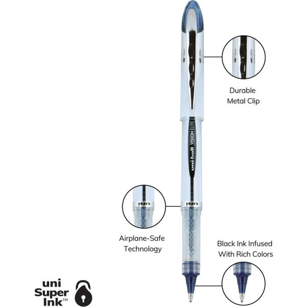 Uniball Vision Elite Liquid Ink Rollerball Pens, Bold Point, 0.8 Mm, White Barrel, Blue/Black Ink, Pack Of 12 12 Uniball Vision Elite Liquid Ink Rollerball Pens, Bold Point, 0.8 Mm, White Barrel, Blue/Black Ink, Pack Of 12 - Image 10