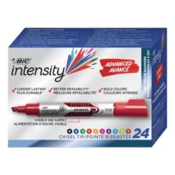BIC Intensity Advanced Dry Erase Marker, Tank-Style, Broad Chisel Tip, Assorted Colors, 24/Pack