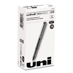 Uniball VISION Needle Roller Ball Pen, Stick, Fine 0.7 Mm, Black Ink, Silver Barrel, Dozen