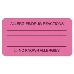 Tabbies Allergy Warning Labels, ALLERGIES/DRUG REACTIONS NO KNOWN ALLERGIES, 1.75 X 3.25, Pink, 250/Roll
