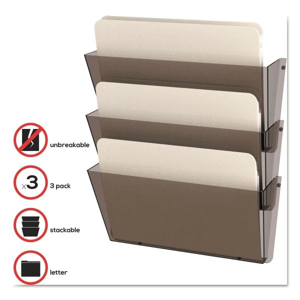 Deflecto Unbreakable DocuPocket Wall File, 3 Sections, Letter Size, 14.5" X 3" X 6.5", Smoke, 3/Pack 4 Deflecto Unbreakable DocuPocket Wall File, 3 Sections, Letter Size, 14.5" X 3" X 6.5", Smoke, 3/Pack - Image 2