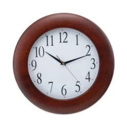Universal Round Wood Wall Clock, 12.75" Overall Diameter, Cherry Case, 1 AA (sold Separately)