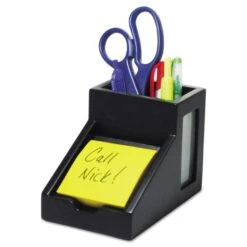 Victor Midnight Black Collection Pencil Cup With Note Holder, 2 Compartments, MDF/Frosted Glass/Faux Leather, 4 X 6.3 X 4.5, Wood