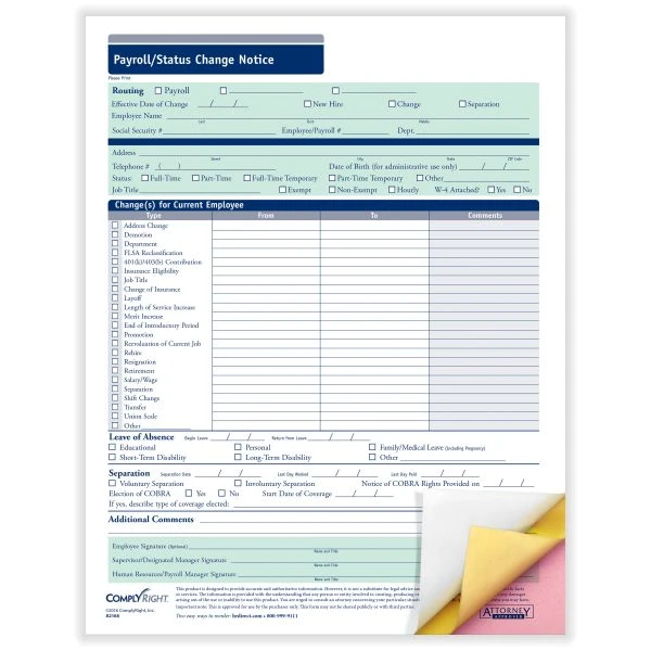 ComplyRight Payroll/Status Change Notices, 3-Part, Pack Of 50 3 ComplyRight Payroll/Status Change Notices, 3-Part, Pack Of 50