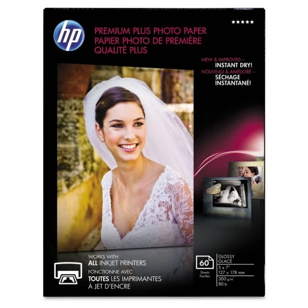 HP Premium Plus Photo Paper, 11.5 Mil, 5 X 7, Glossy White, 60/Pack 3 HP Premium Plus Photo Paper, 11.5 Mil, 5 X 7, Glossy White, 60/Pack