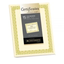 Southworth Premium Foil Certificates, 8 1/2" X 11", 66 Lb, Ivory/Gold Foil Fleur, Pack Of 15